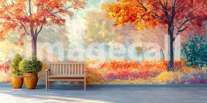 Autumn Park Bench Painting Vibrant Fall Colors Landscape Art