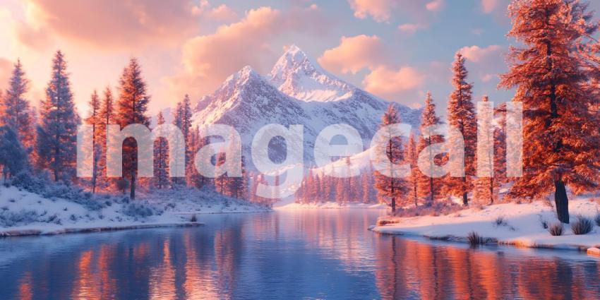 Pink Sunset Winter Landscape Snowy Mountains Calm Lake Pine Tree