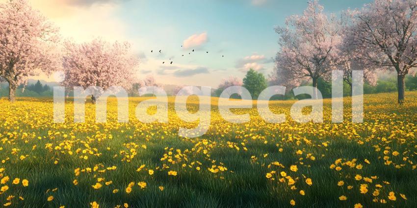 Serene Spring Landscape Blossoming Trees and Yellow Flowers