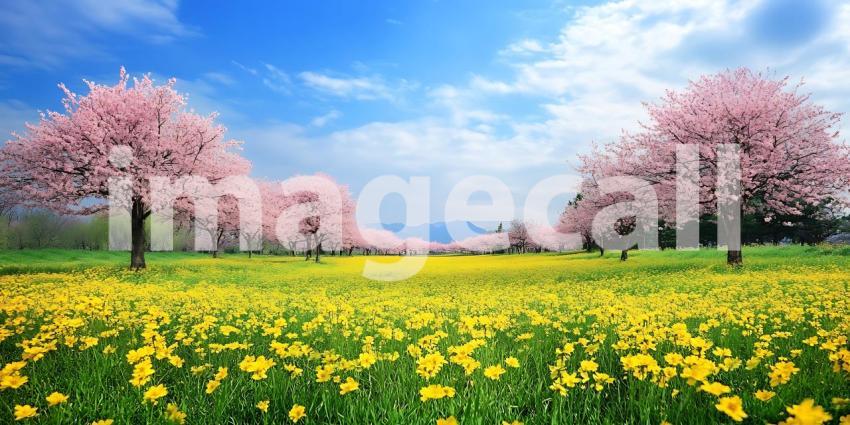 Spring Blossom Field Vibrant Yellow and Pink Landscape