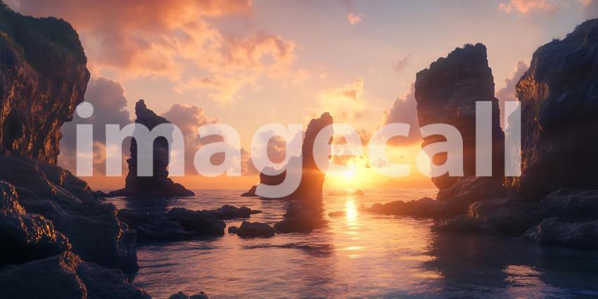 Sunset Seascape Dramatic Rock Formations at Golden Hour