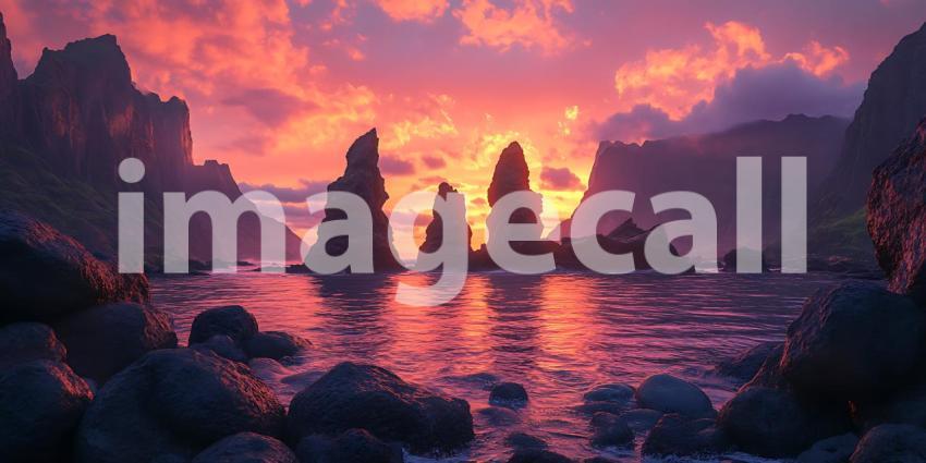 Stunning Sunset Landscape Dramatic Rocks Vibrant Colors Ocean Vi
