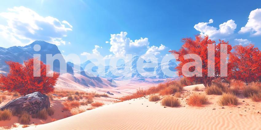 Vibrant Desert Landscape Red Trees  Sunny Sky