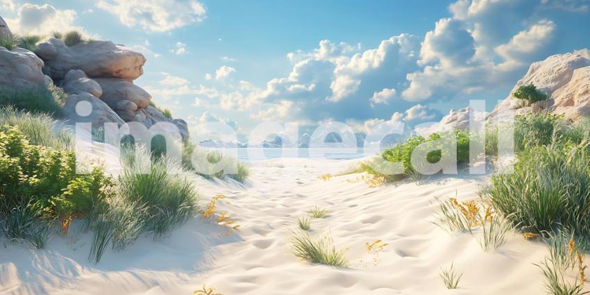 Stunning Beach Scene Sandy Path Lush Vegetation and Blue Sky