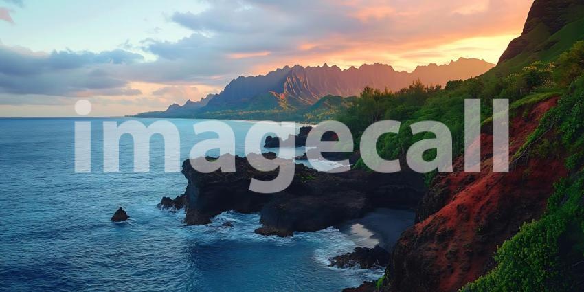 Ocean Sunset Landscape Vibrant Coastal Scene with Lush Greenery