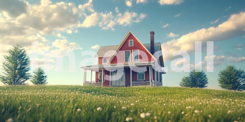 Red Farmhouse in Spring Meadow Rural Home Landscape