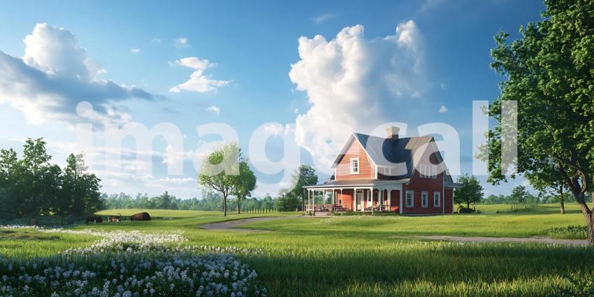 Charming Countryside Home Digital Painting of a Rural House