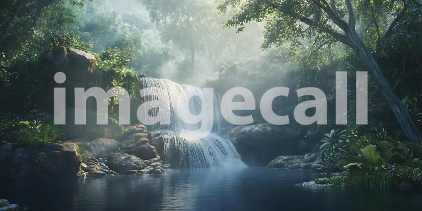 Misty Waterfall Lush Rainforest Scene Tranquil Nature Photograph