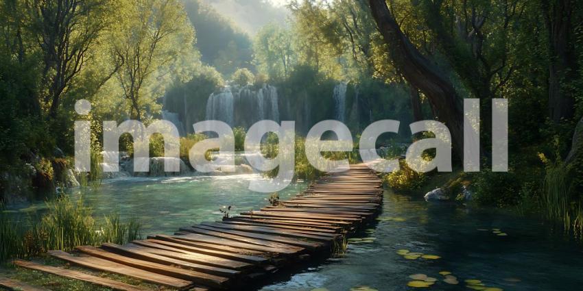 Serene Waterfall Haven Lush Jungle Bridge Scene