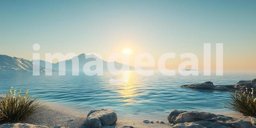 Serene Sunset Seascape Coastal Rocks and Calm Ocean at Golden Ho
