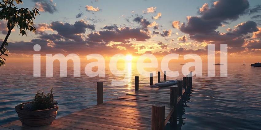 Stunning Sunset over Calm Ocean Waters with Silhouette of a Pier