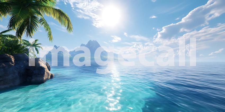 Tropical Paradise Sunlit Ocean and Volcanic Peaks