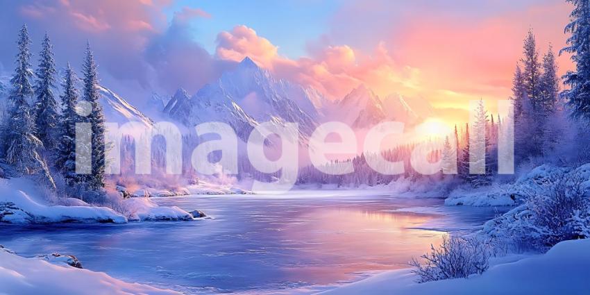 Winter Wonderland Serene Sunset over Snowy Mountains