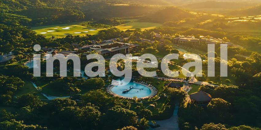 Aerial View Lush Green Resort at Golden Hour