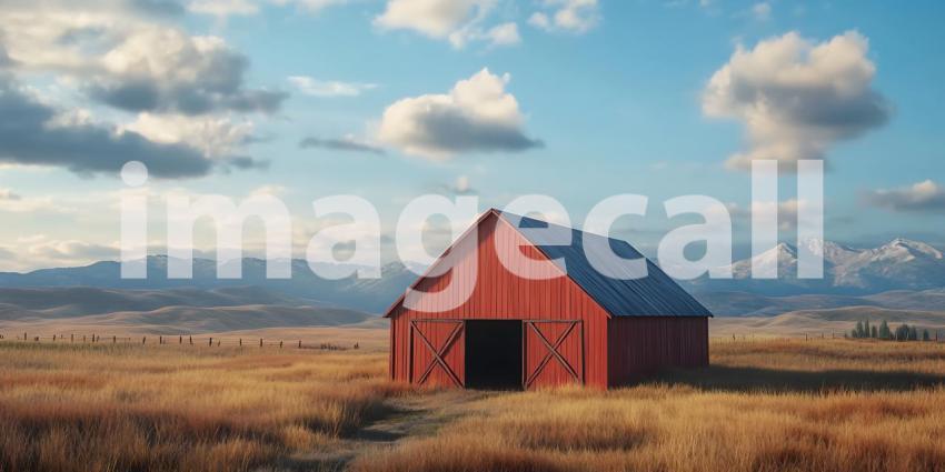 Rustic Red Barn in a Golden Field Scenic Countryside View