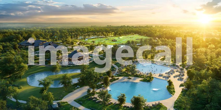 Luxury Resort Aerial View Sunrise Over Lush Landscaping Pools an