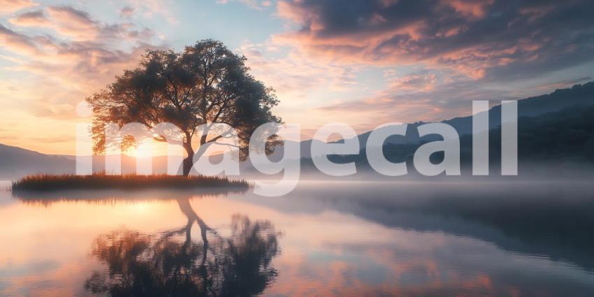 Serene Sunrise Lone Tree Reflecting in Calm Waters