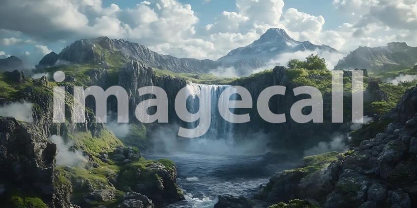 Majestic Waterfall Landscape Panoramic View of Mountains Cliffs