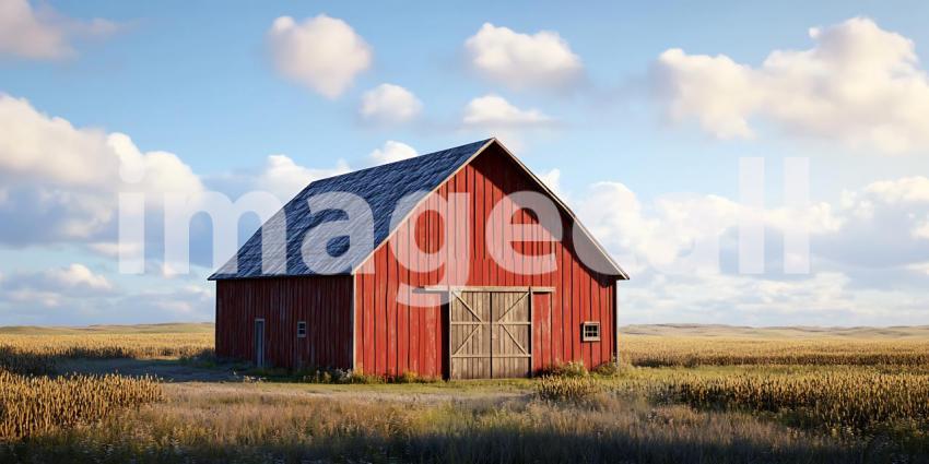 Rustic Red Barn in Golden Wheat Field Stunning Countryside Scene