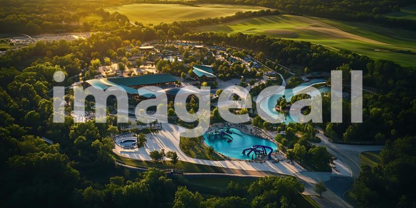 Aerial View Water Park Resort  Pools Slides Lush Greenery