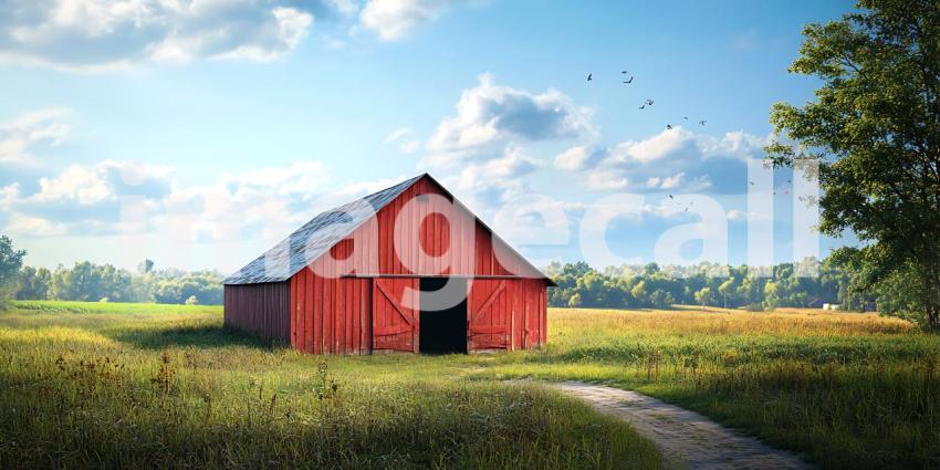 Rustic Red Barn in Vibrant Countryside Landscape