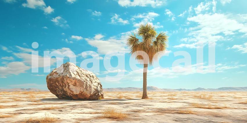 Desert Landscape Palm Tree and Boulder under a Vivid Blue Sky