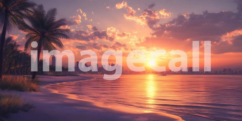 Serene Sunset Beachscape with City Skyline