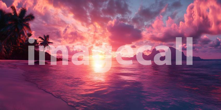Pink Sunset Paradise Tropical Beach Scene