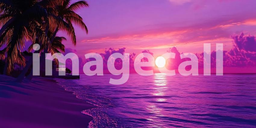 Purple Sunset Paradise Beach Scene with Palm Trees