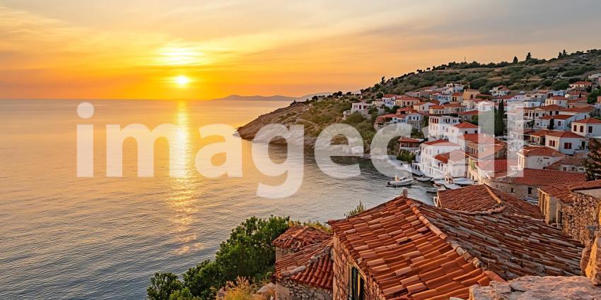 Stunning Sunset over Coastal Town Picturesque Mediterranean Vill
