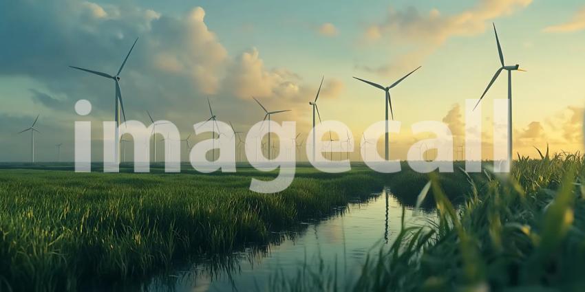 Wind Turbines in a Lush Green Landscape at Sunset Clean Energy a