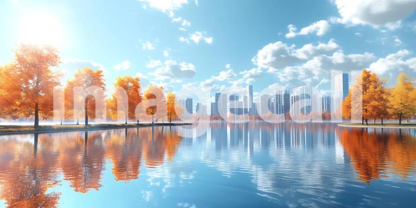 Autumn Cityscape Golden Trees Reflecting on Calm Waters