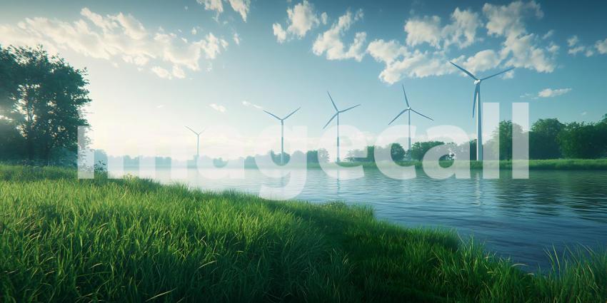 Serene River Landscape Green Energy  Environmental Harmony