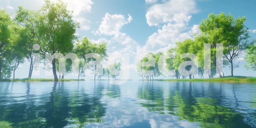 Serene Landscape Tranquil Water Lush Trees Sunny Sky  Nature Pho