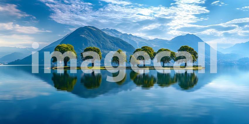 Serene Lake Landscape Mountain Reflection  Island Trees
