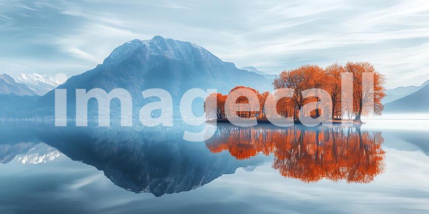 Autumn Trees Reflected in Calm Lake Scenic Mountain View