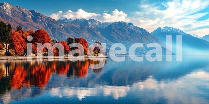 Stunning Autumn Lake Landscape Mountain Scenery and Red Trees Re