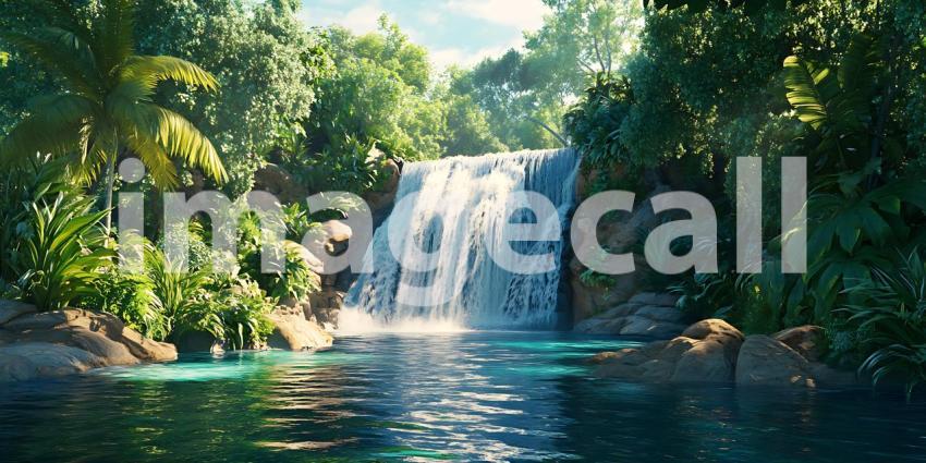 Lush Waterfall Paradise Tropical Jungle Scene Background