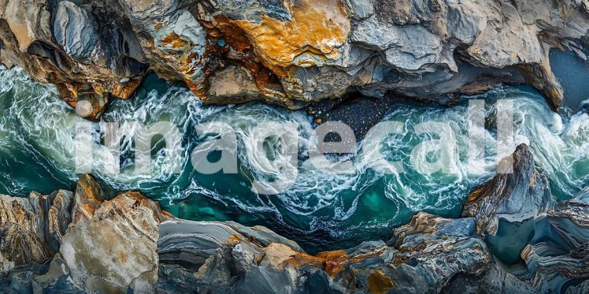Aerial View of Turquoise Water Flowing Through Rocks