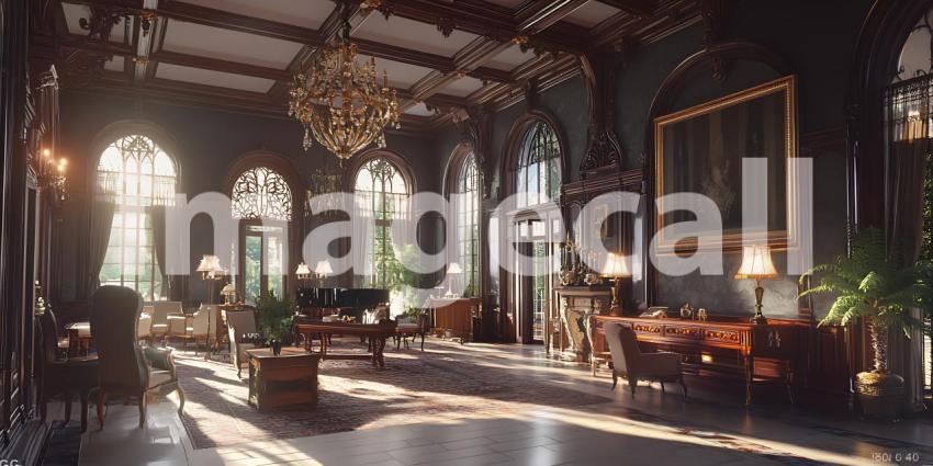 Grand Mansion Interior Sunlight Through Tall Windows Antique Fur