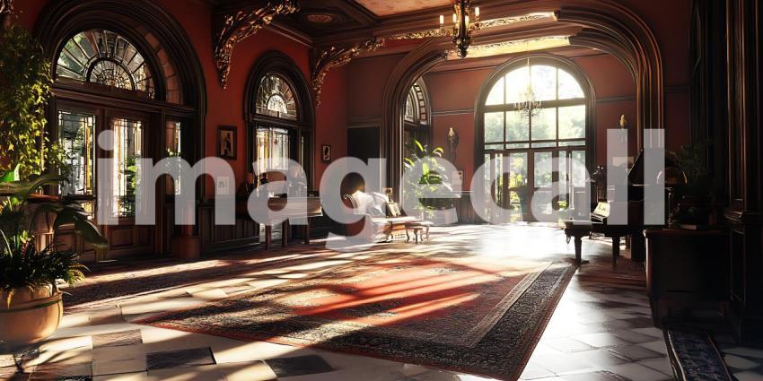 Grand Interior Sunlit Ruins of a Historic Mansion
