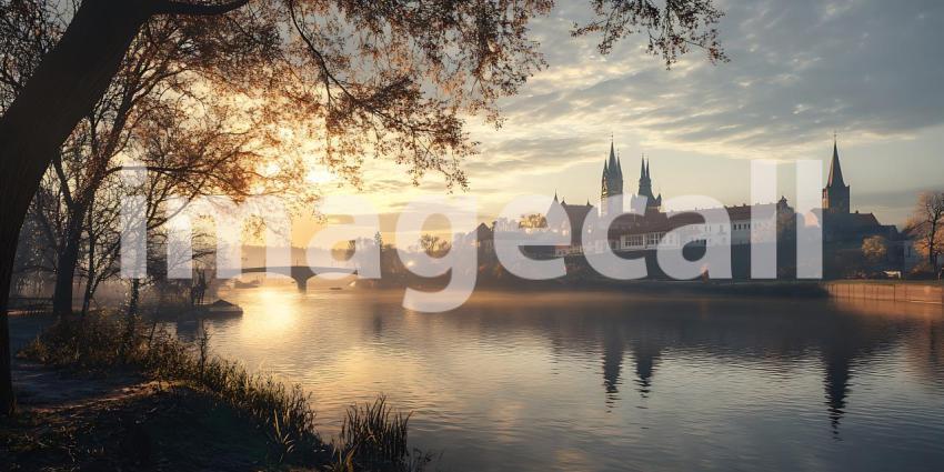 Golden Hour River Cityscape Breathtaking Sunrise Panorama