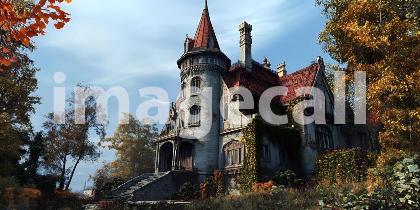 Majestic Autumnal Castle Fall Foliage  Architectural Photography