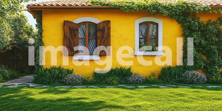 Charming Yellow Cottage with Lush Greenery