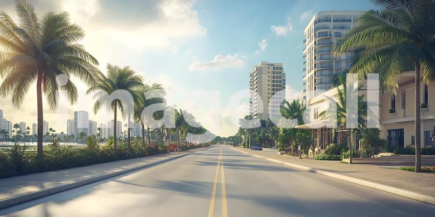 Tropical Cityscape SunDrenched Streets and Lush Palm Trees