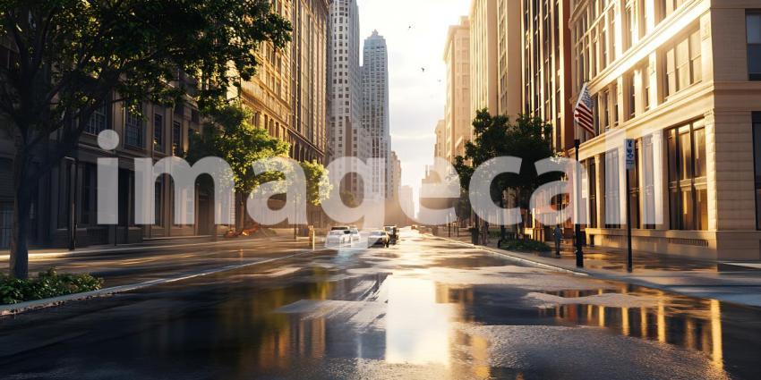 Sunlit City Street A Digital Painting of Urban Architecture