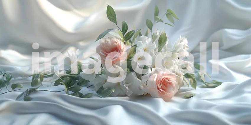 Elegant Peach and White Roses on Silk Fabric Floral Arrangement