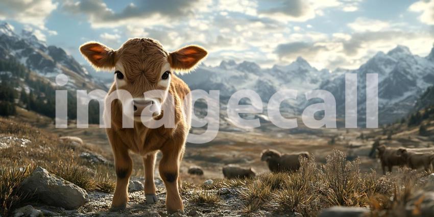 Young Calf in Majestic Mountain Landscape