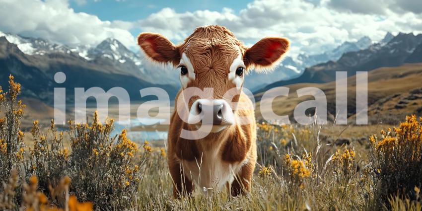 Majestic Calf in Mountain Pasture Scenic Rural Landscape Photogr