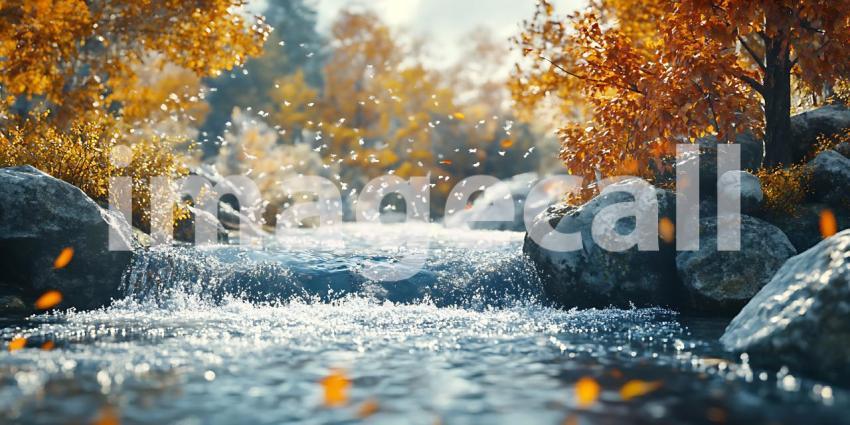 Autumn River Cascading Water Golden Leaves and Misty Forest